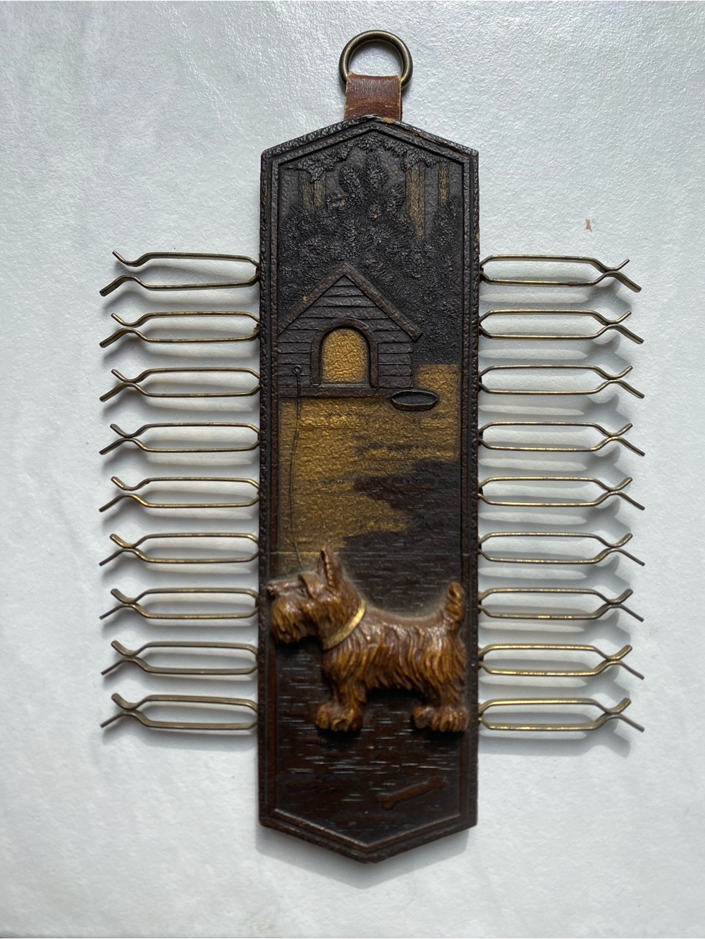 Antique Tooled Leather & Metal Scotty Dog Holder Vintage